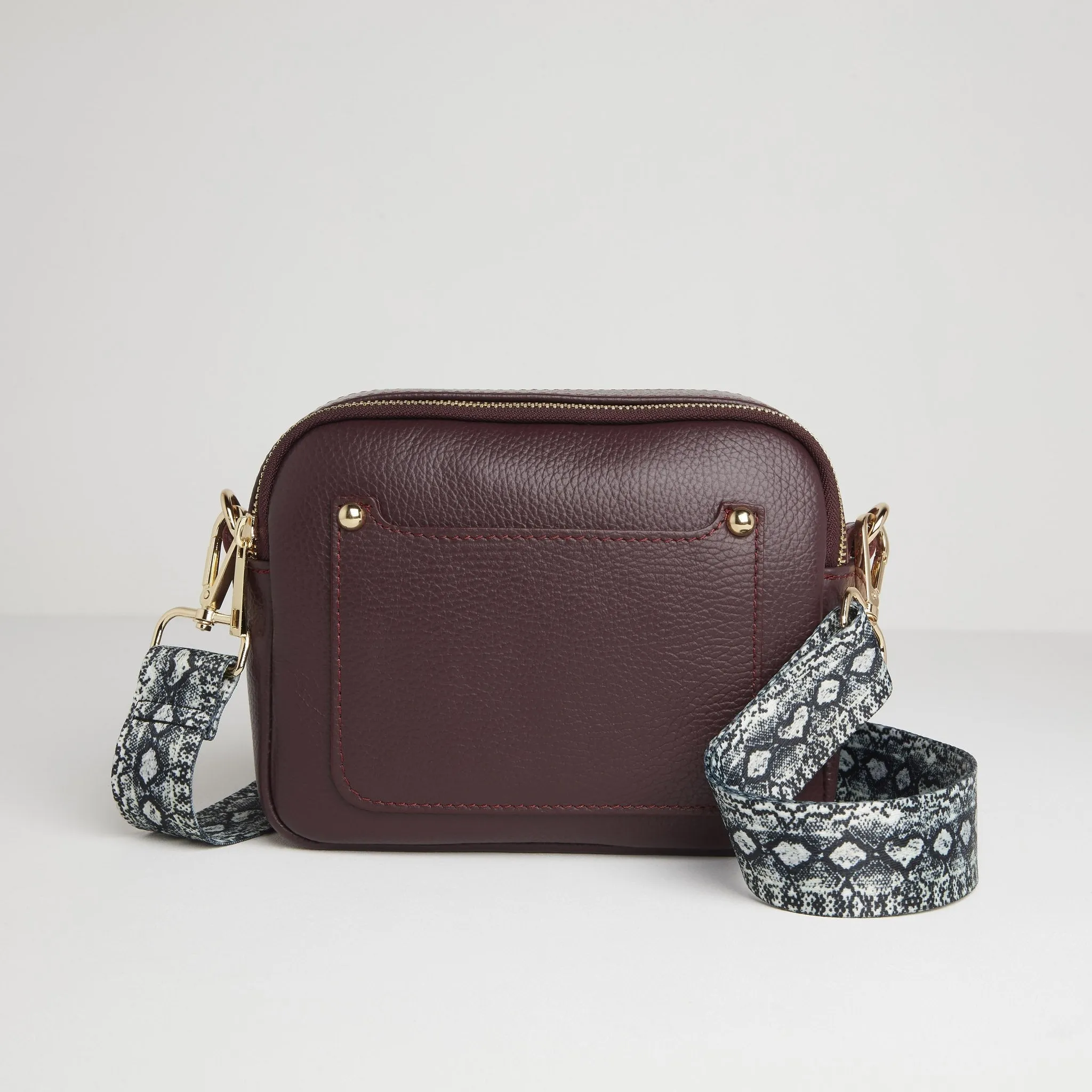 Sienna Crossbody Bag in Burgundy with Snake Print Strap