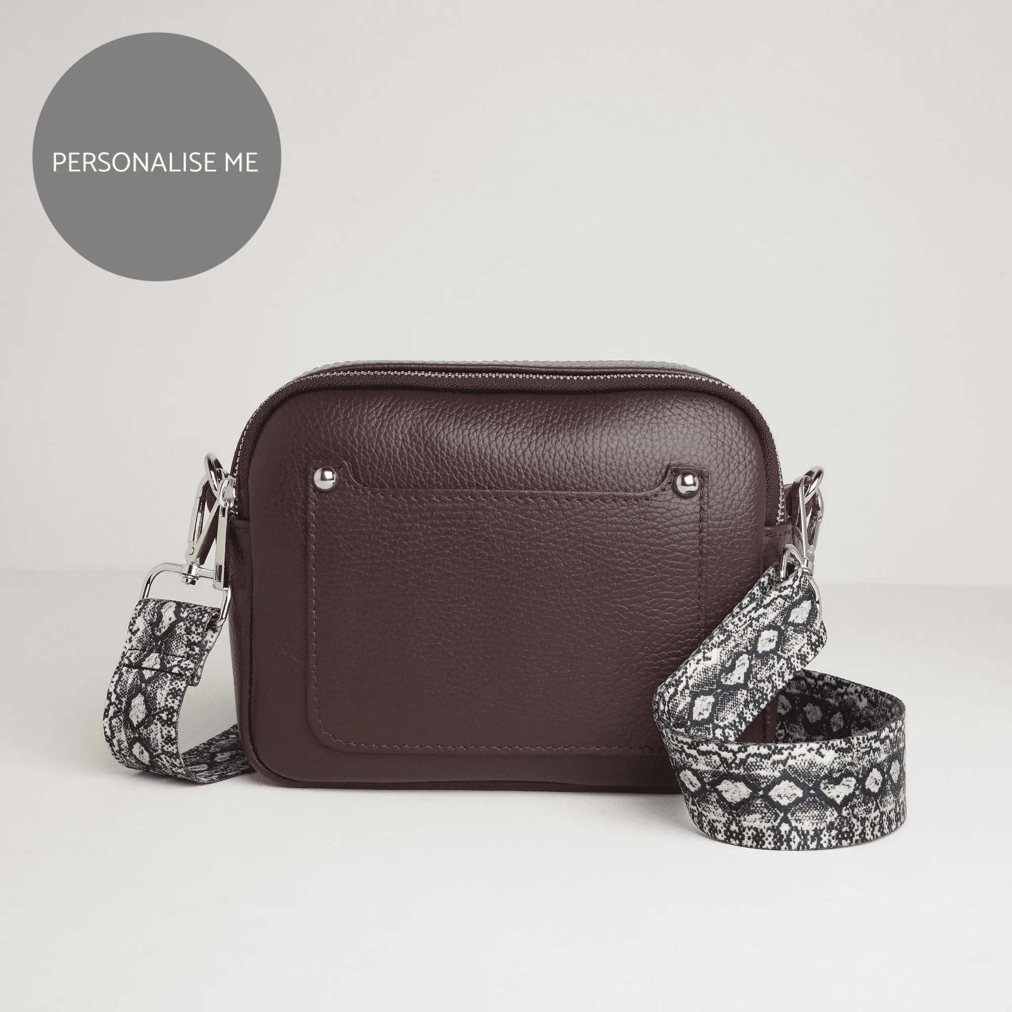 Sienna Crossbody Bag in Burgundy with Snake Print Strap