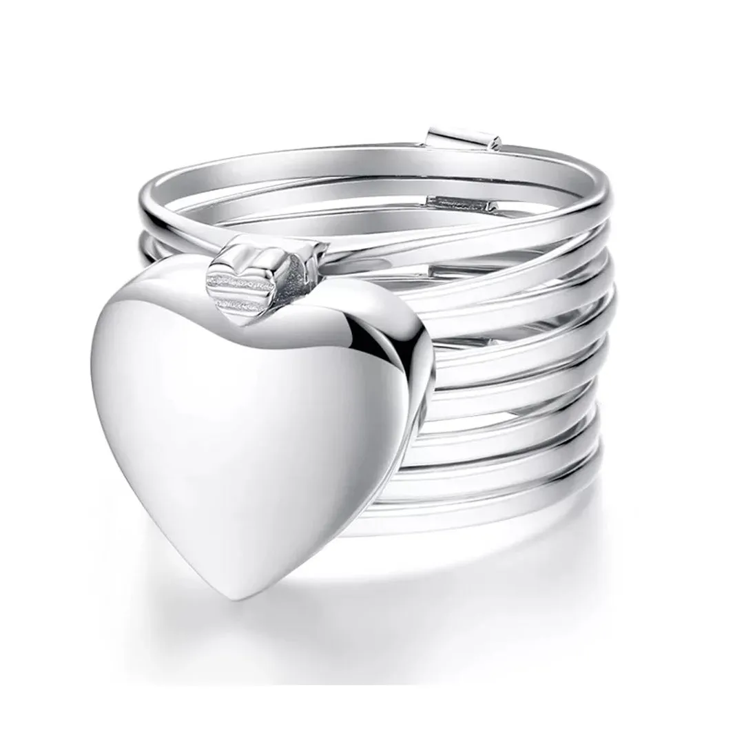 Silver 2 In 1 Retractable Heart Ring Bracelet