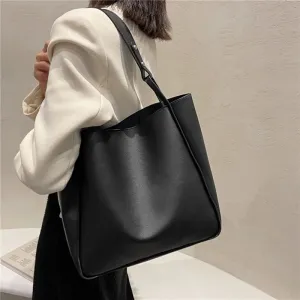 Simple Women Bucket Shoulder Bags New Solid Color Handbags Retro Large Capacity Tote Bags Large Capacity