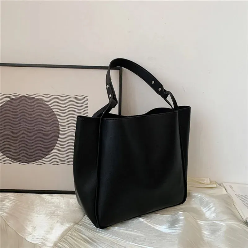 Simple Women Bucket Shoulder Bags New Solid Color Handbags Retro Large Capacity Tote Bags Large Capacity