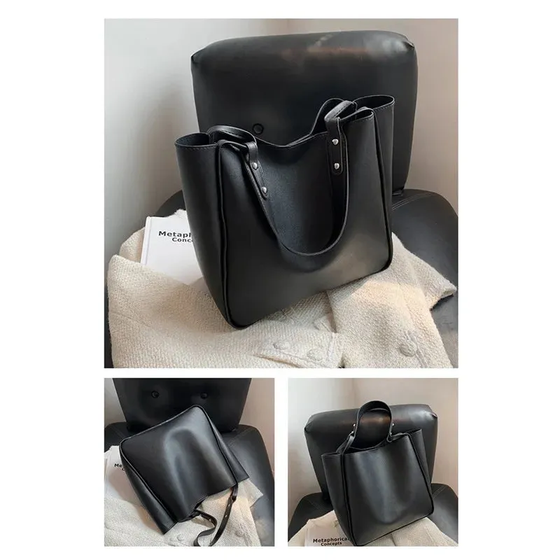 Simple Women Bucket Shoulder Bags New Solid Color Handbags Retro Large Capacity Tote Bags Large Capacity