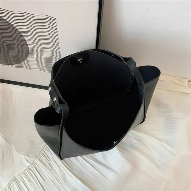 Simple Women Bucket Shoulder Bags New Solid Color Handbags Retro Large Capacity Tote Bags Large Capacity