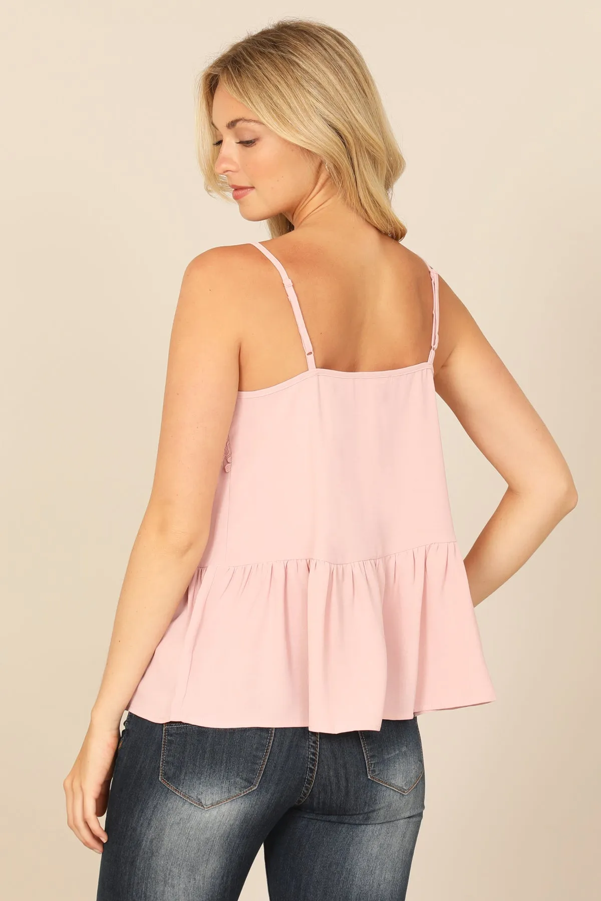 SPAGHETTI STRAP PLEATED WAIST FLORAL LACE PATCH TOP