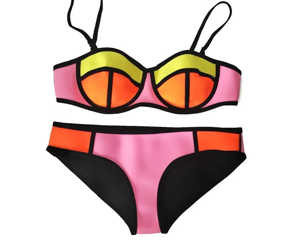 Spaghetti Strap Series Color Block Bikini Set - Orange