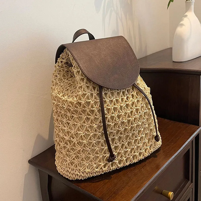 Summer Straw Drawstring Backpack