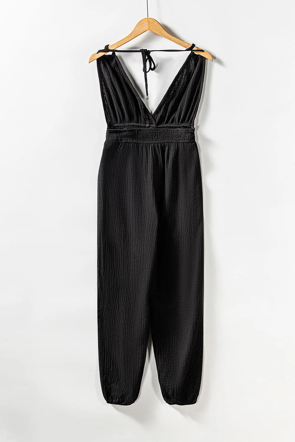 V Neck Knotted Shoulder Backless Pocket Jumpsuit