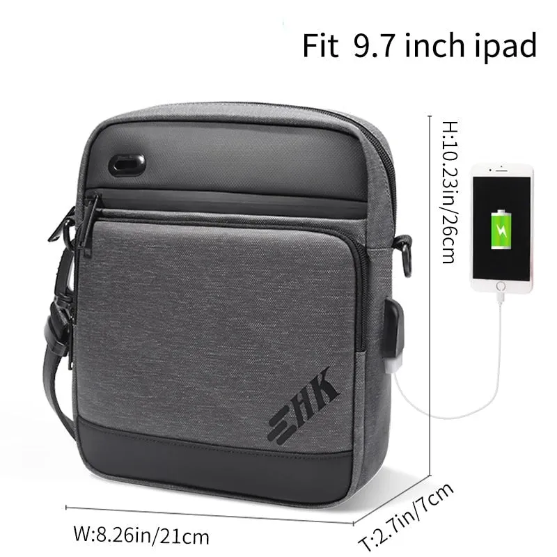 Waterproof Crossbody Bag Tablet Bag Handbag, USB Power Plug, Black/Gray