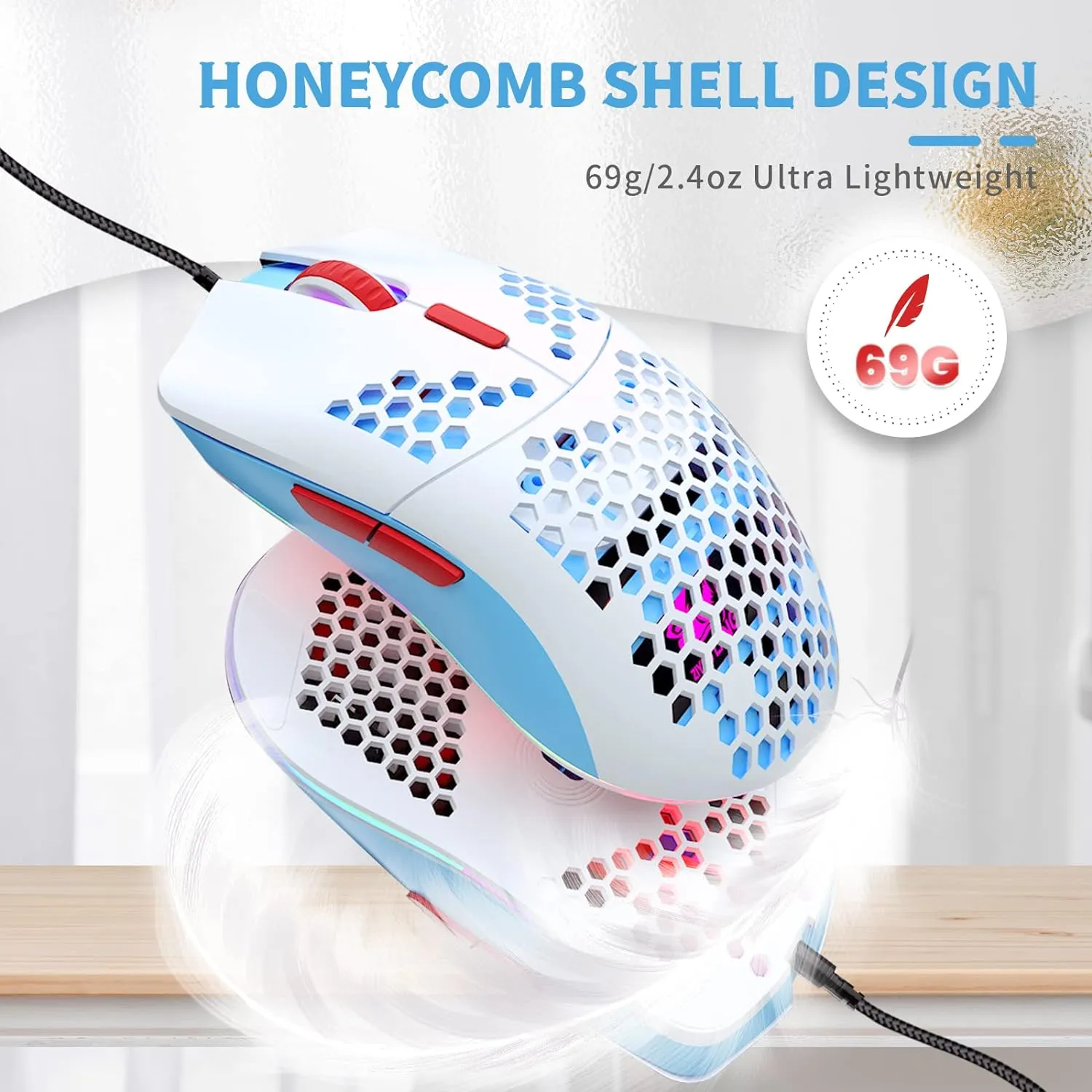 Wired Honeycomb Lightweight Multicolor Gaming Mouse 69g Ultralight RGB Backlit