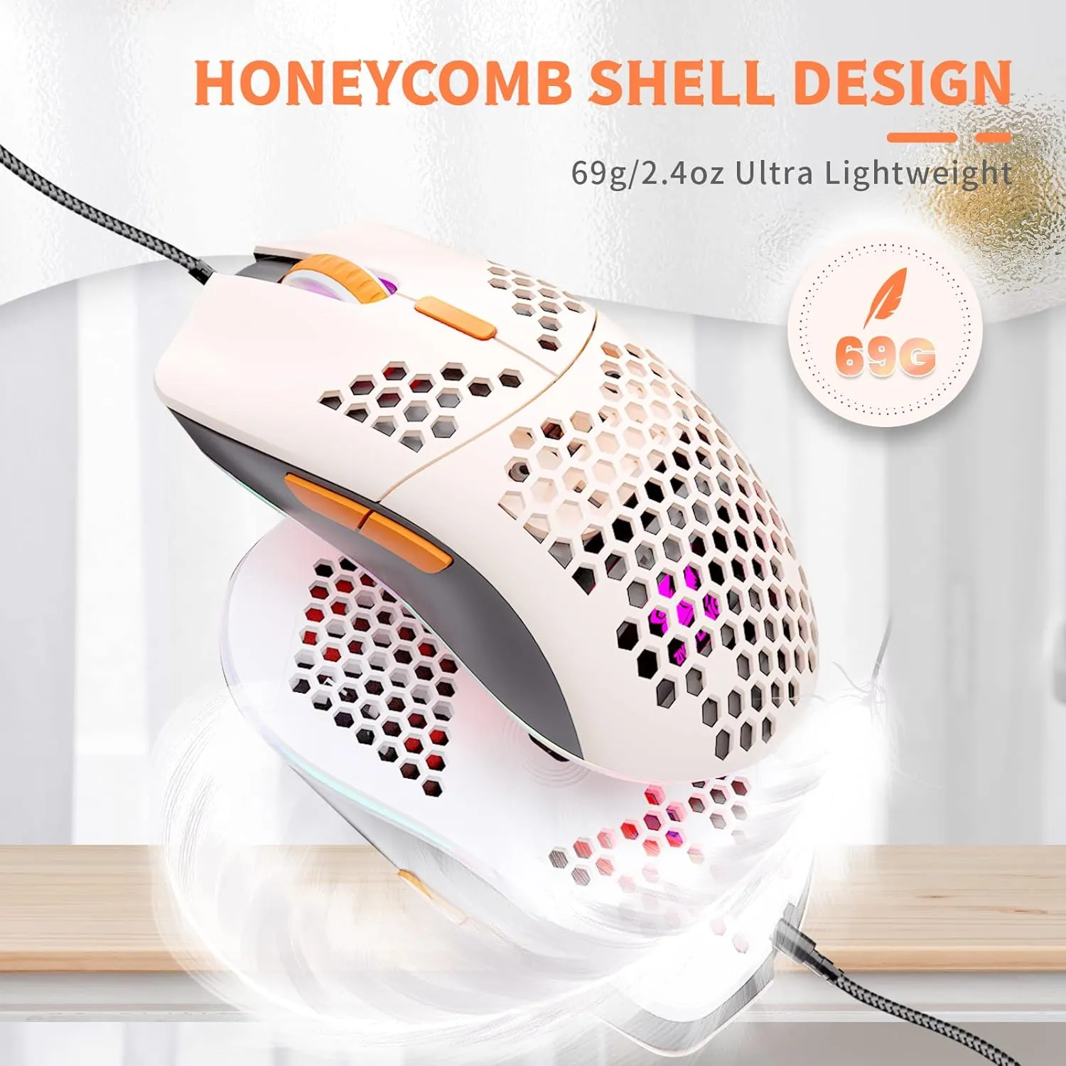 Wired Honeycomb Lightweight Multicolor Gaming Mouse 69g Ultralight RGB Backlit