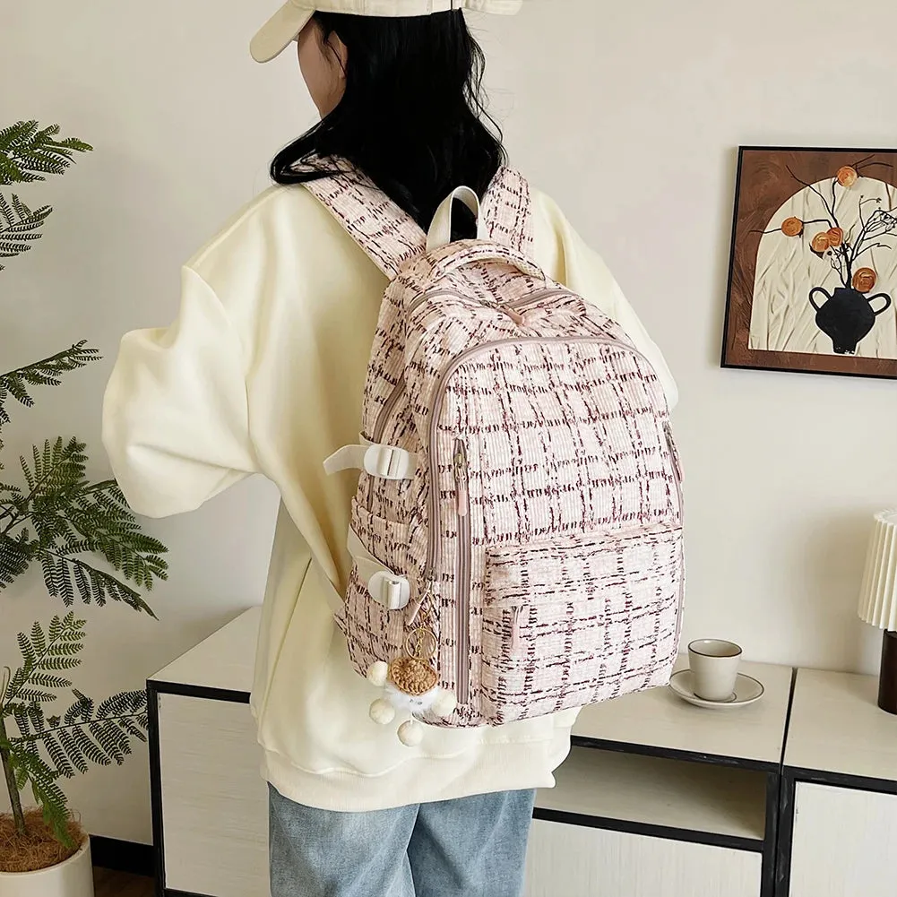 Women Kawaii Strawberry Pattern Backpacks with Pendant Corduroy School Knapsack Multi-pockets Students Daily Schoolbags Mochilas
