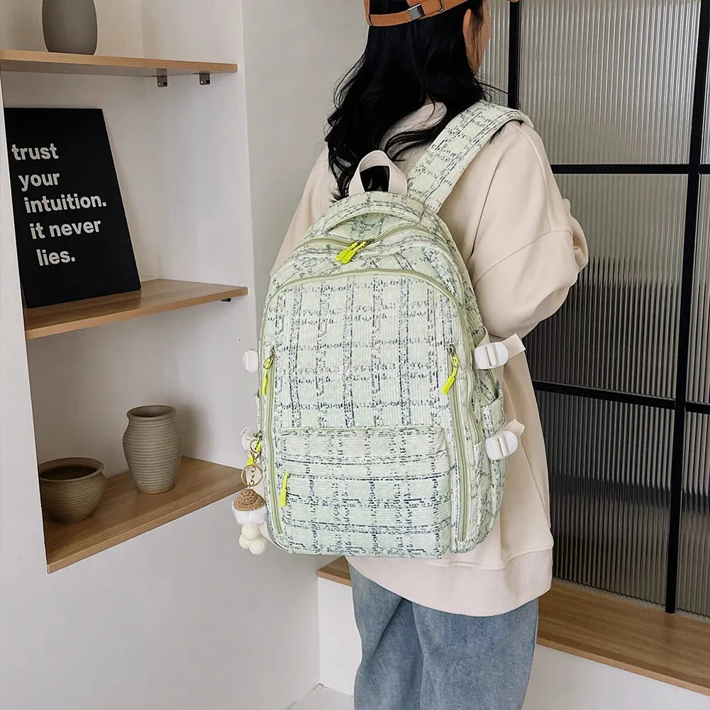 Women Kawaii Strawberry Pattern Backpacks with Pendant Corduroy School Knapsack Multi-pockets Students Daily Schoolbags Mochilas