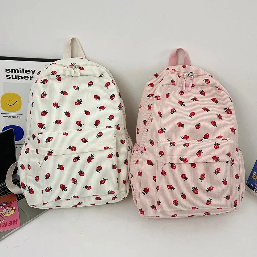 Women Kawaii Strawberry Pattern Backpacks with Pendant Corduroy School Knapsack Multi-pockets Students Daily Schoolbags Mochilas