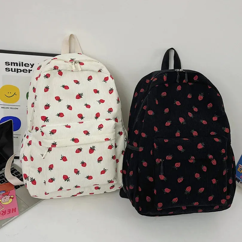 Women Kawaii Strawberry Pattern Backpacks with Pendant Corduroy School Knapsack Multi-pockets Students Daily Schoolbags Mochilas
