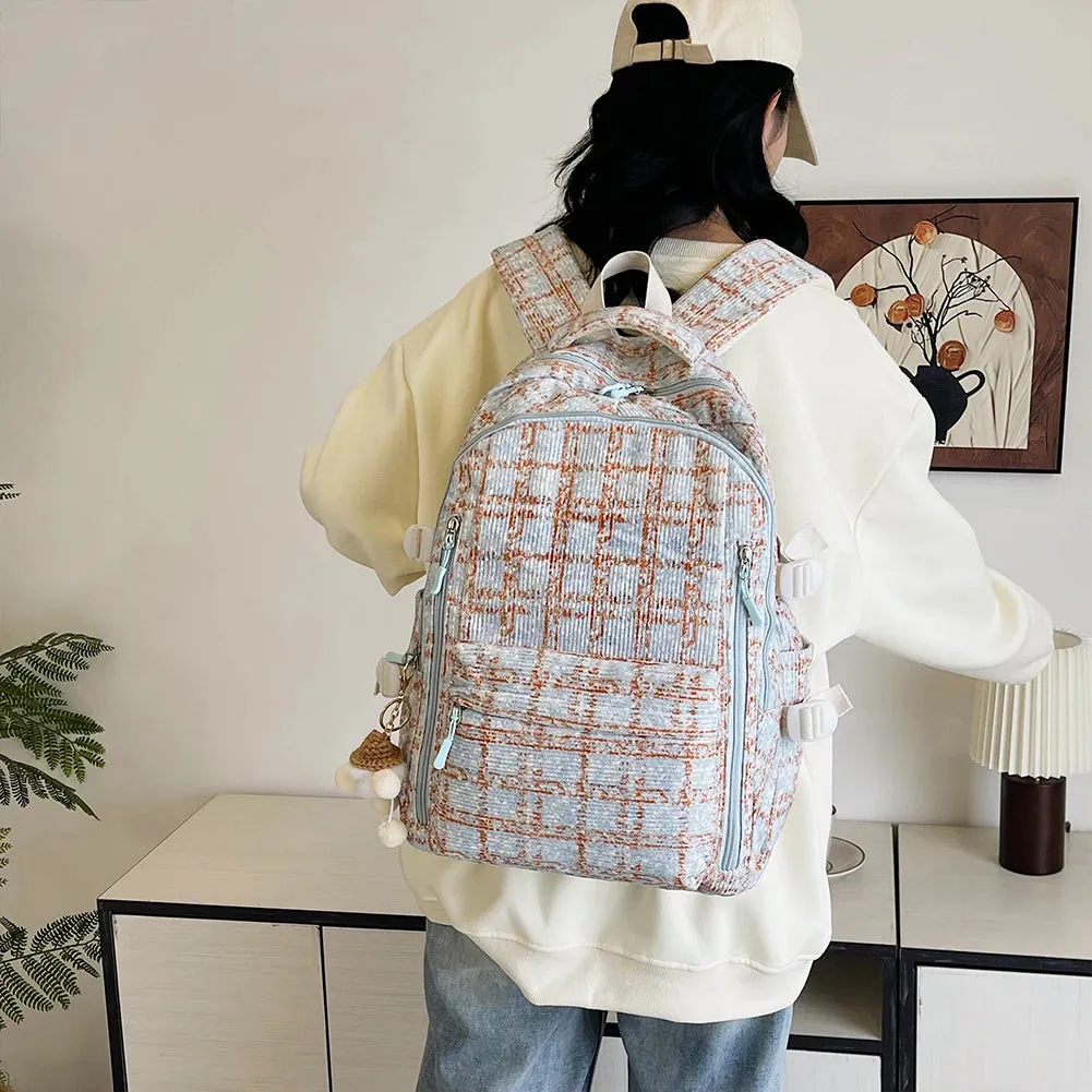 Women Kawaii Strawberry Pattern Backpacks with Pendant Corduroy School Knapsack Multi-pockets Students Daily Schoolbags Mochilas