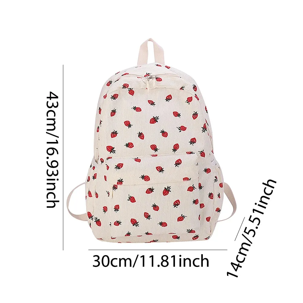 Women Kawaii Strawberry Pattern Backpacks with Pendant Corduroy School Knapsack Multi-pockets Students Daily Schoolbags Mochilas