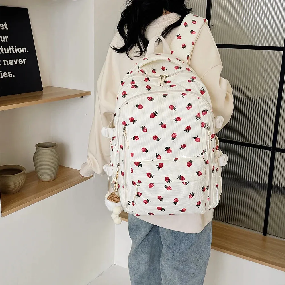 Women Kawaii Strawberry Pattern Backpacks with Pendant Corduroy School Knapsack Multi-pockets Students Daily Schoolbags Mochilas