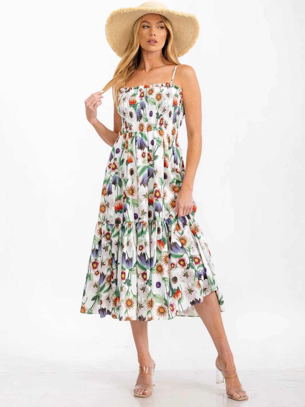 WOMEN'S SLEEVELESS SMOCK TIERED FLORAL PRINT MIDI DRESS