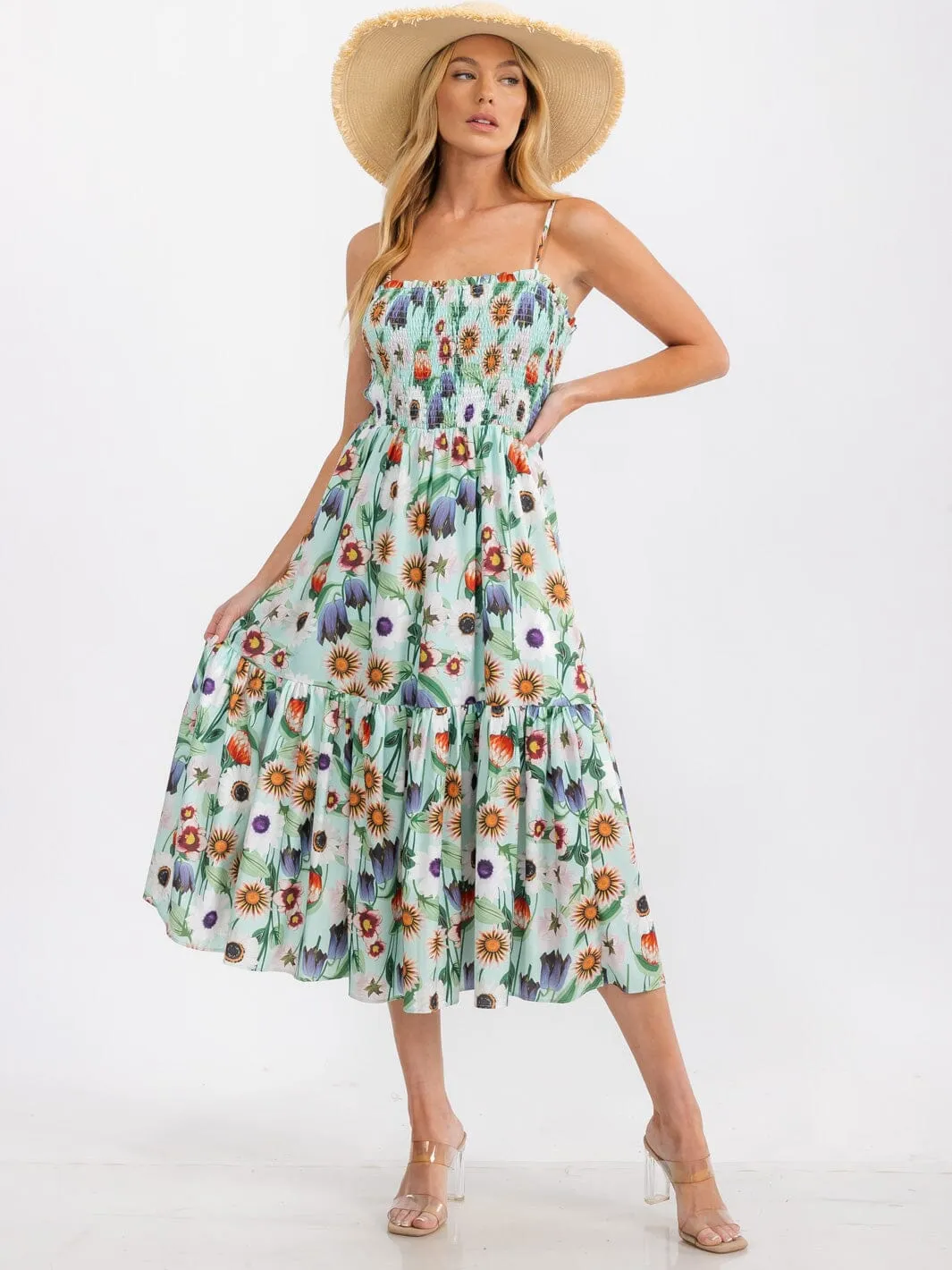 WOMEN'S SLEEVELESS SMOCK TIERED FLORAL PRINT MIDI DRESS