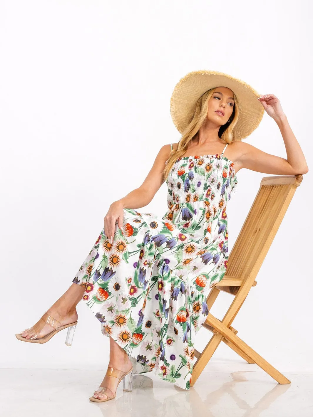 WOMEN'S SLEEVELESS SMOCK TIERED FLORAL PRINT MIDI DRESS