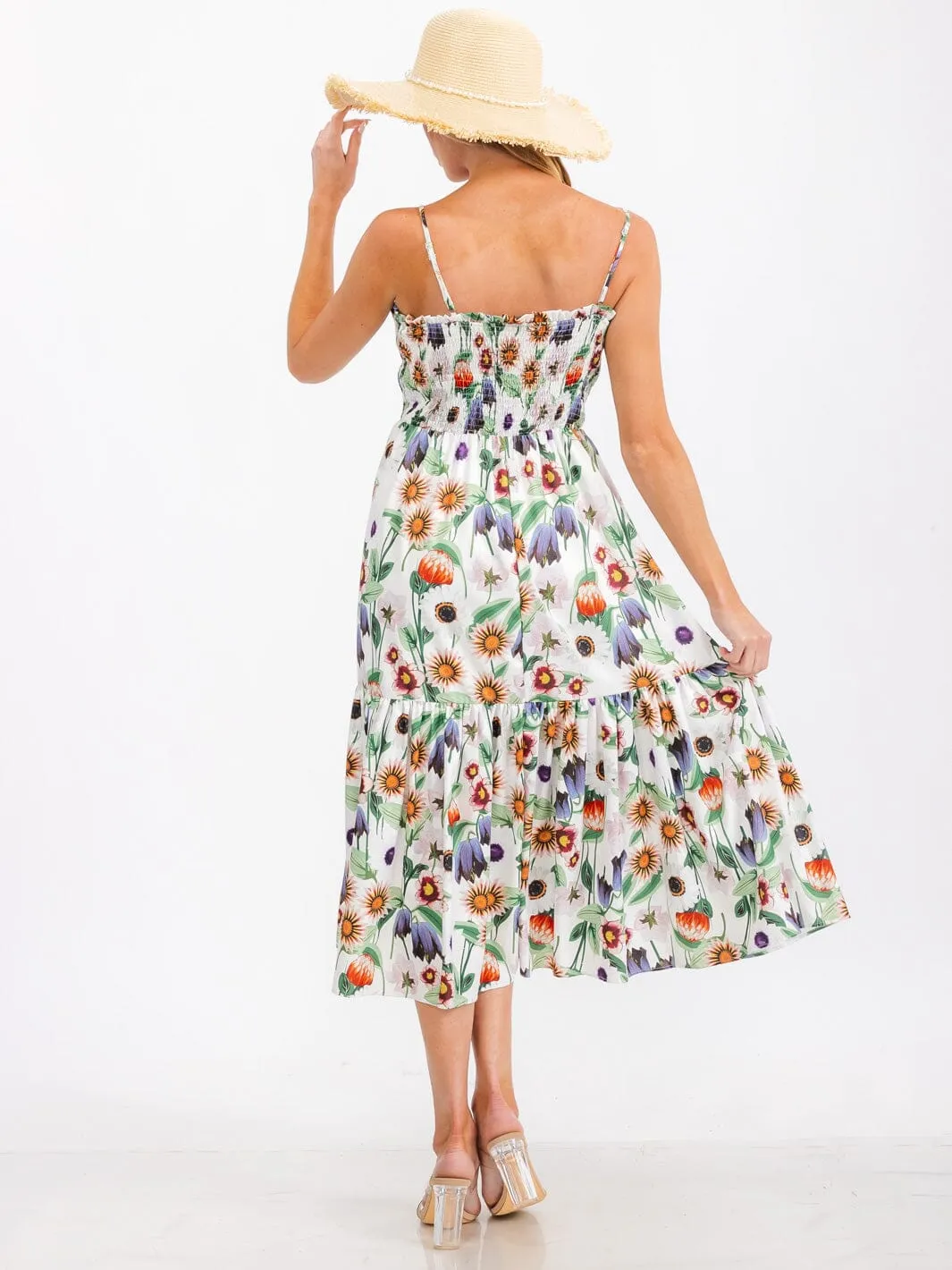 WOMEN'S SLEEVELESS SMOCK TIERED FLORAL PRINT MIDI DRESS
