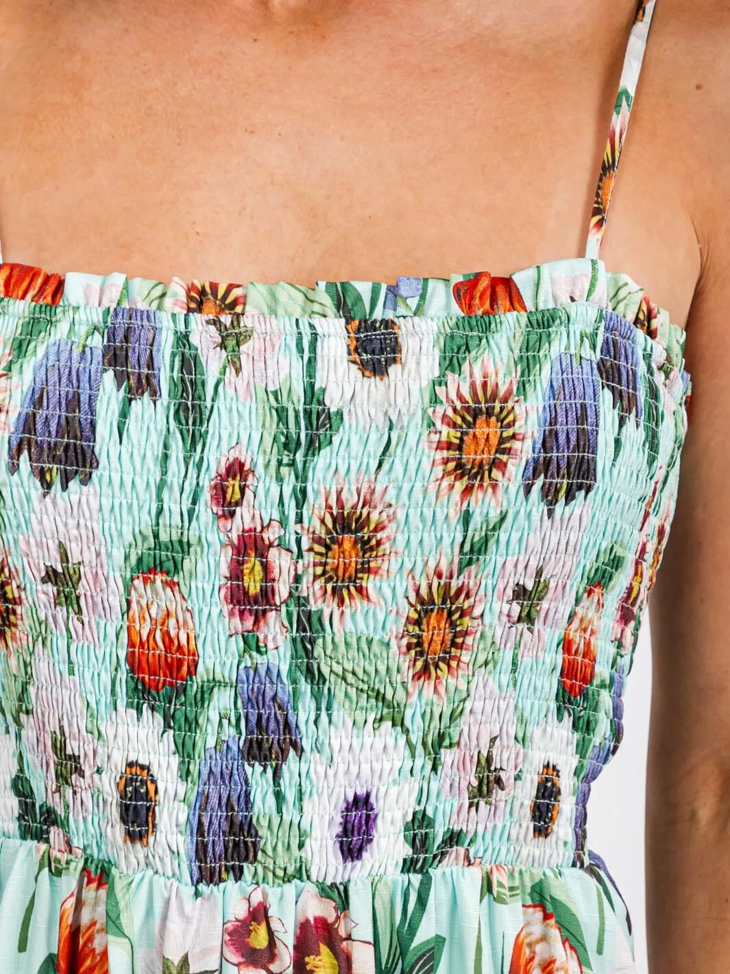 WOMEN'S SLEEVELESS SMOCK TIERED FLORAL PRINT MIDI DRESS