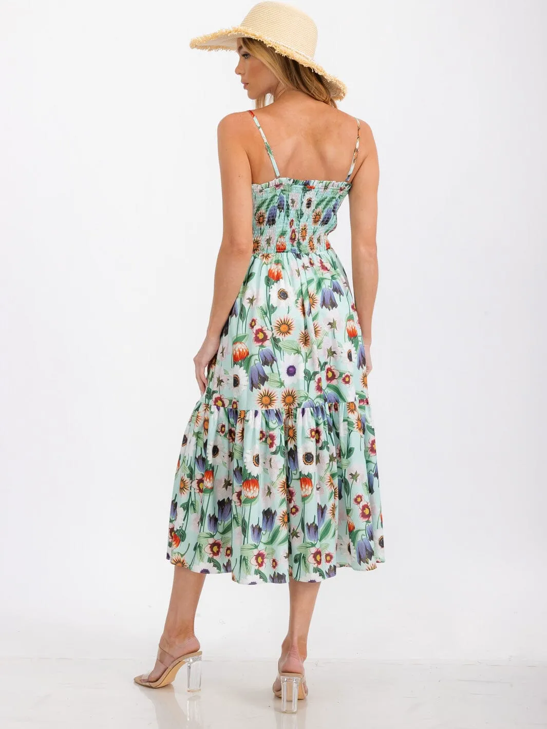WOMEN'S SLEEVELESS SMOCK TIERED FLORAL PRINT MIDI DRESS