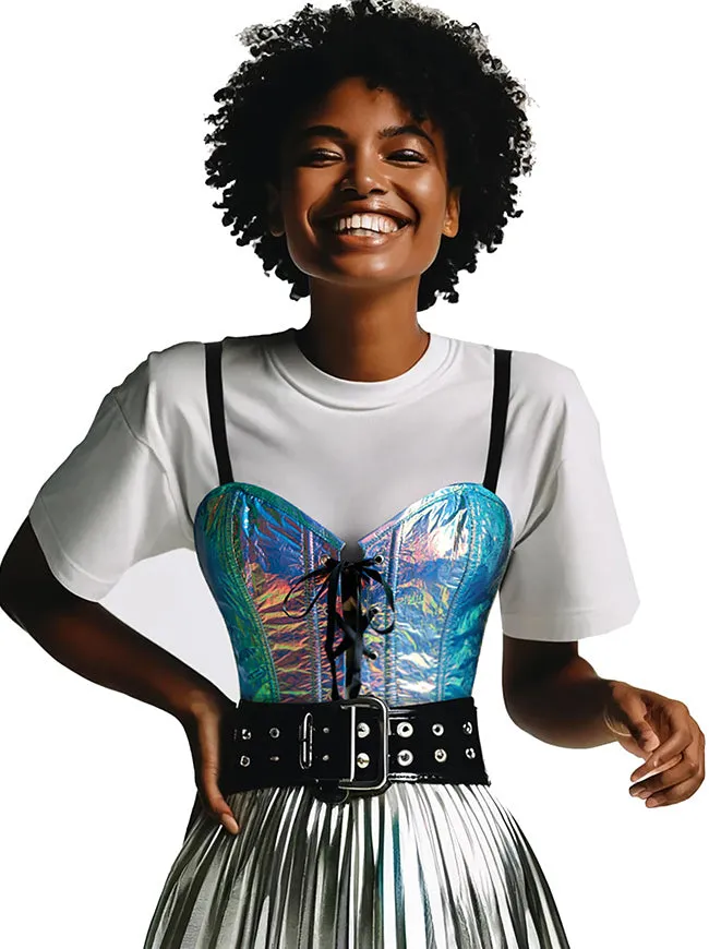 Y2K Shiny Faux Cowhide Iridescent Rave Bustier Corset Crop Top