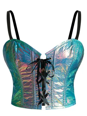Y2K Shiny Faux Cowhide Iridescent Rave Bustier Corset Crop Top