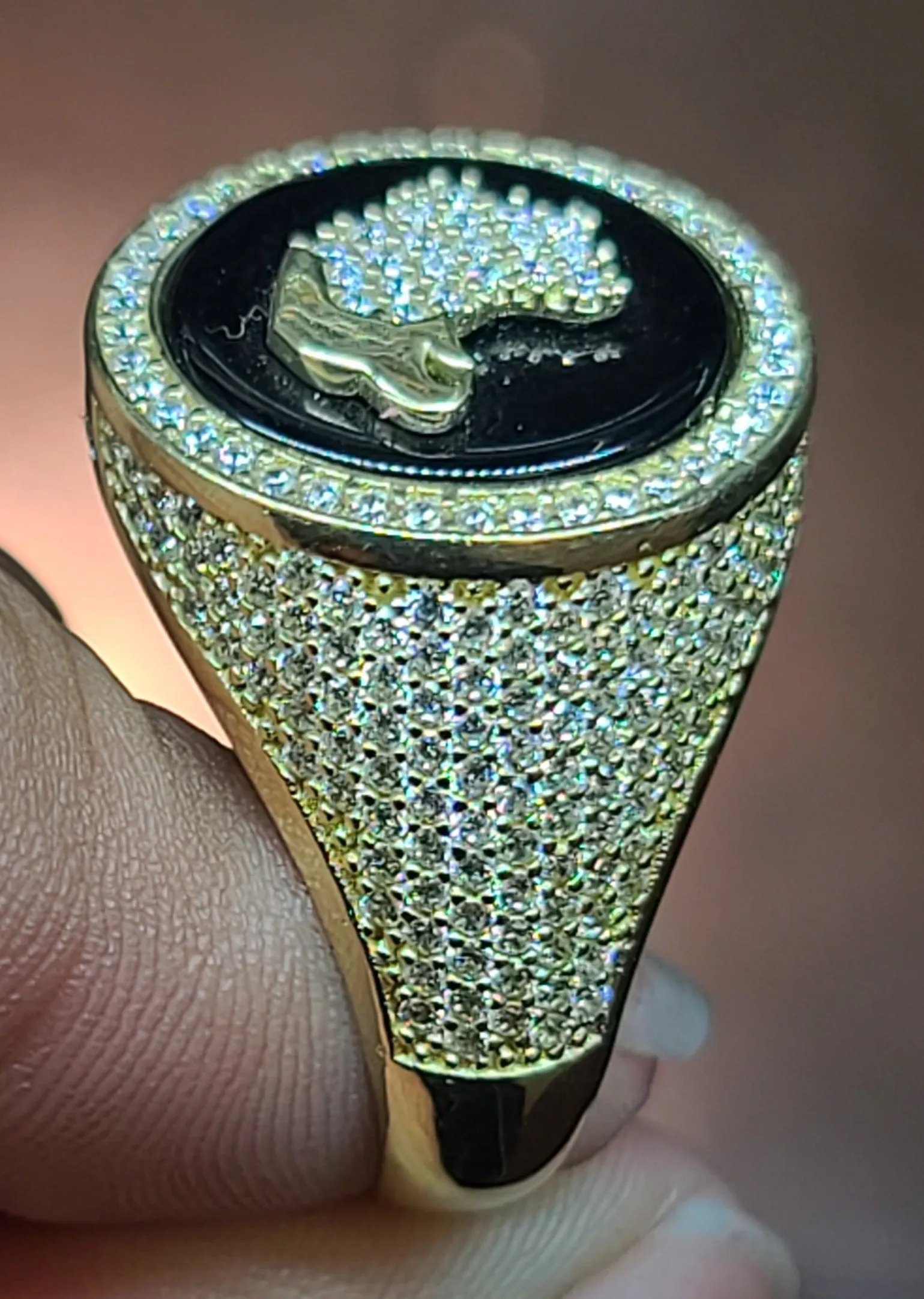 Yellow Gold Circular Ring With Reflective Background and Bird
