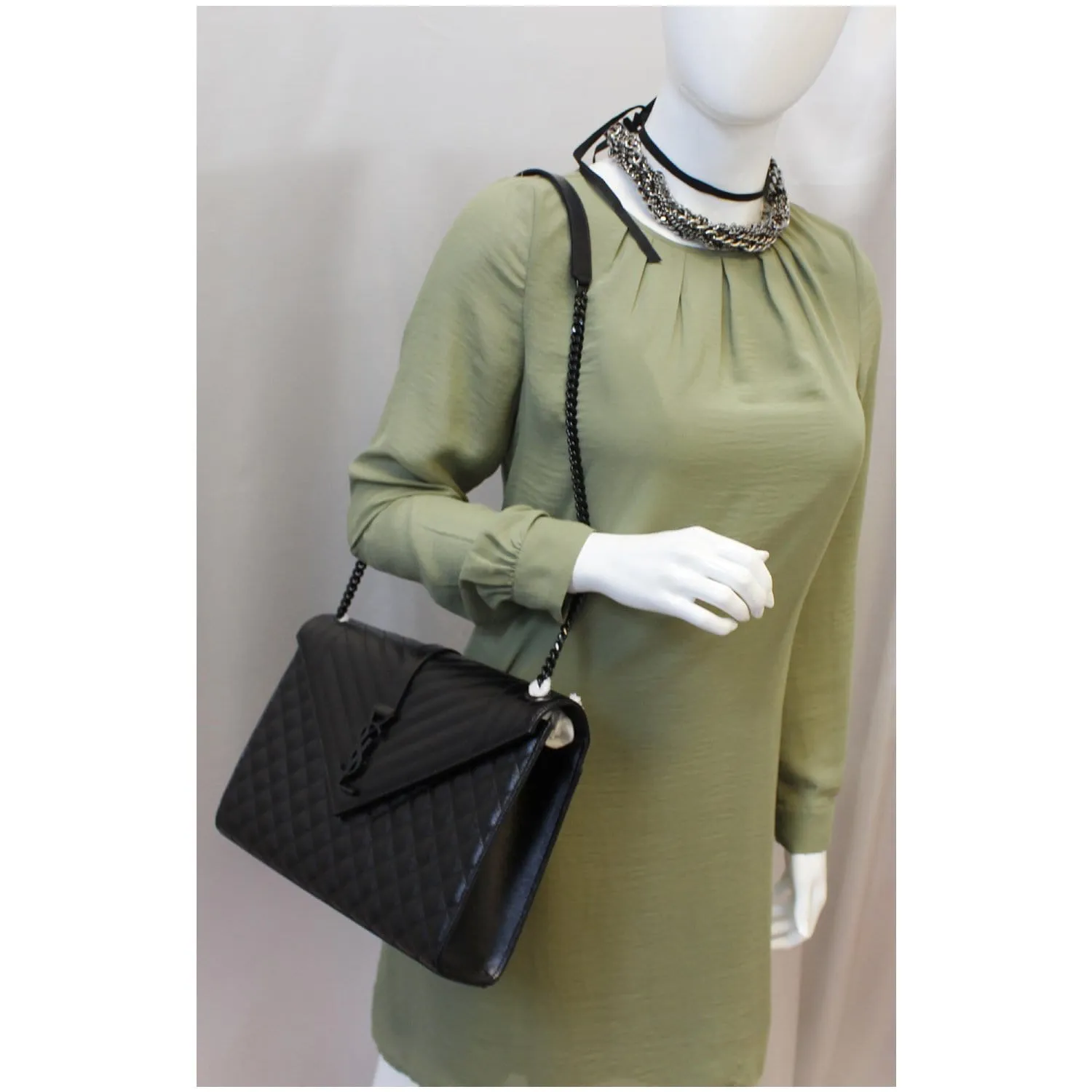 YVES SAINT LAURENT Envelope Large Matelasse Embossed Leather Shoulder Bag Black