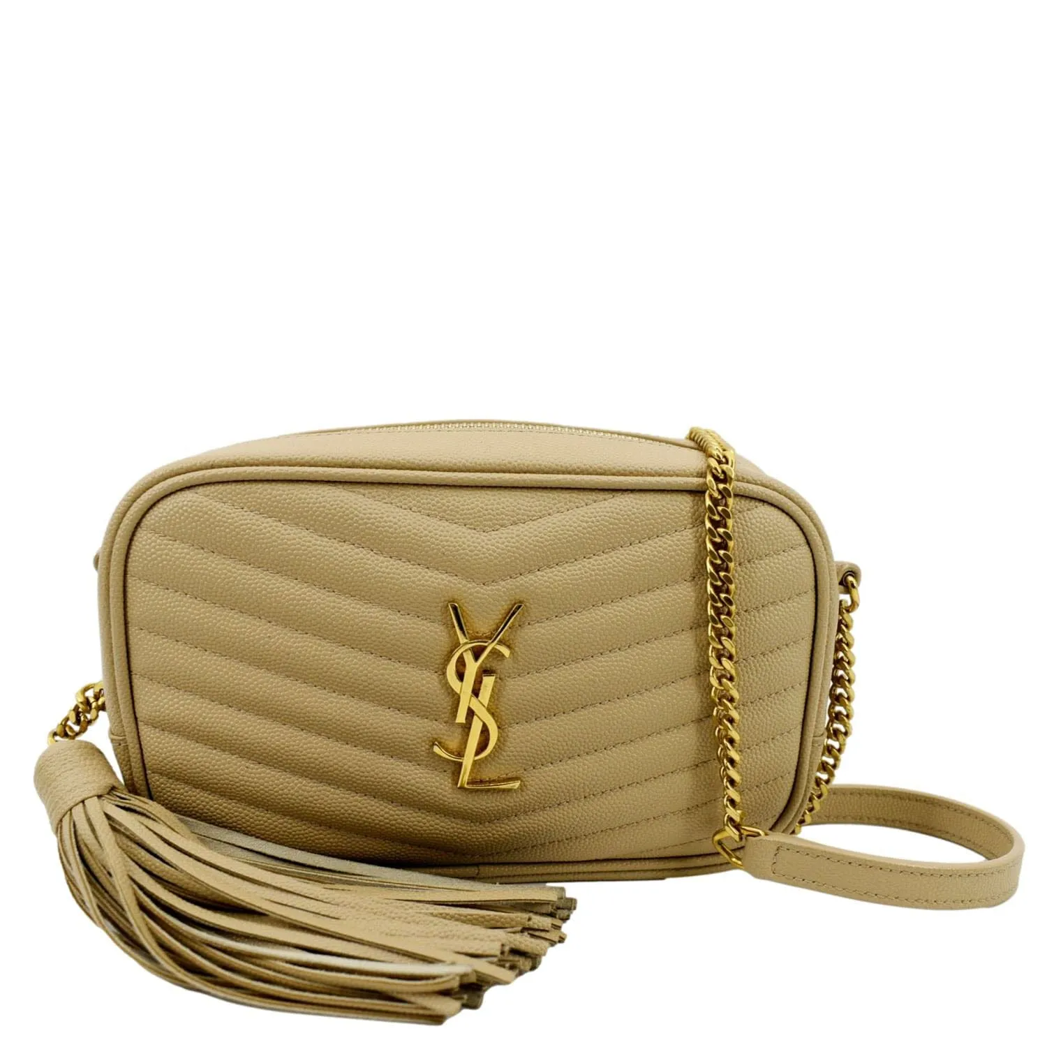 YVES SAINT LAURENT Lou Chevron Leather Camera Crossbody Bag Beige