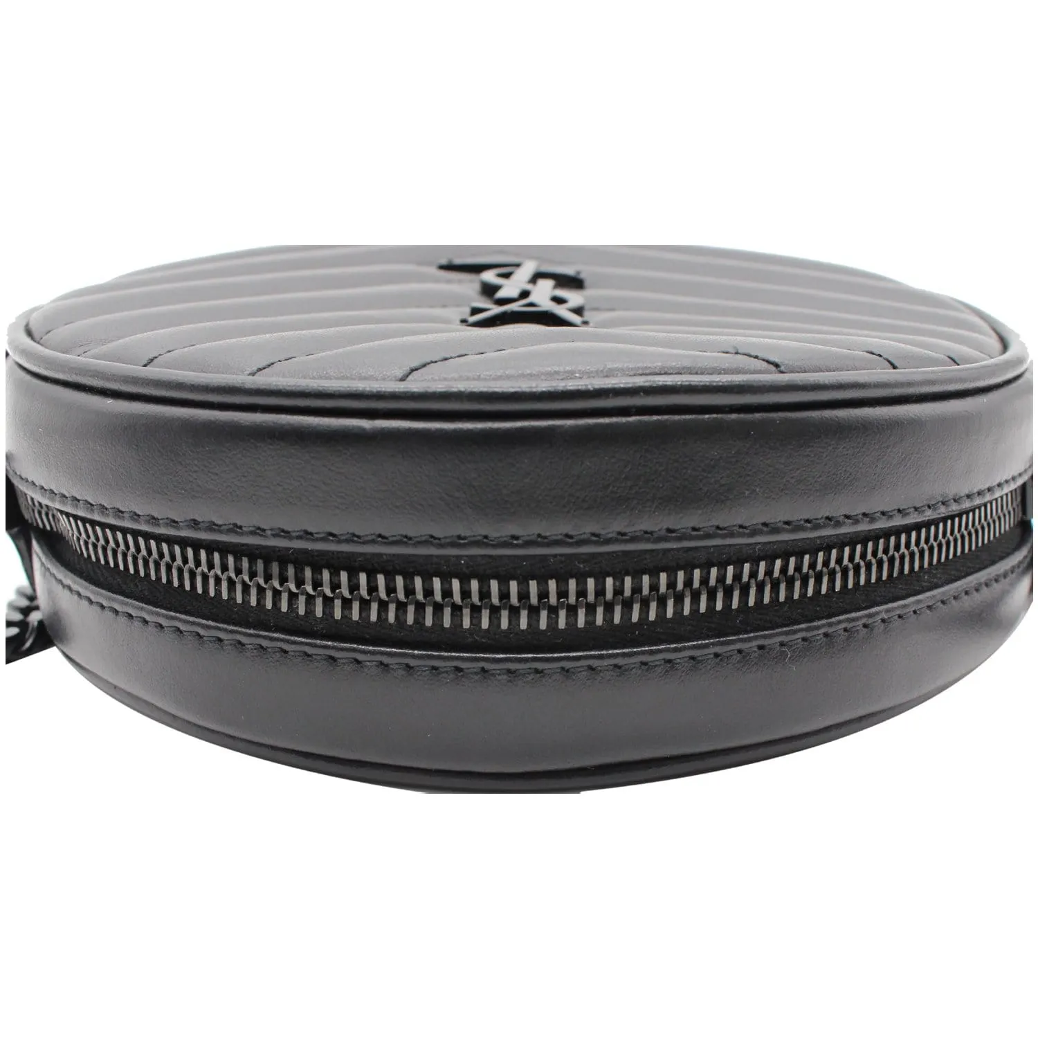 YVES SAINT LAURENT Vinyle Round Chevron Leather Camera Crossbody Bag Black