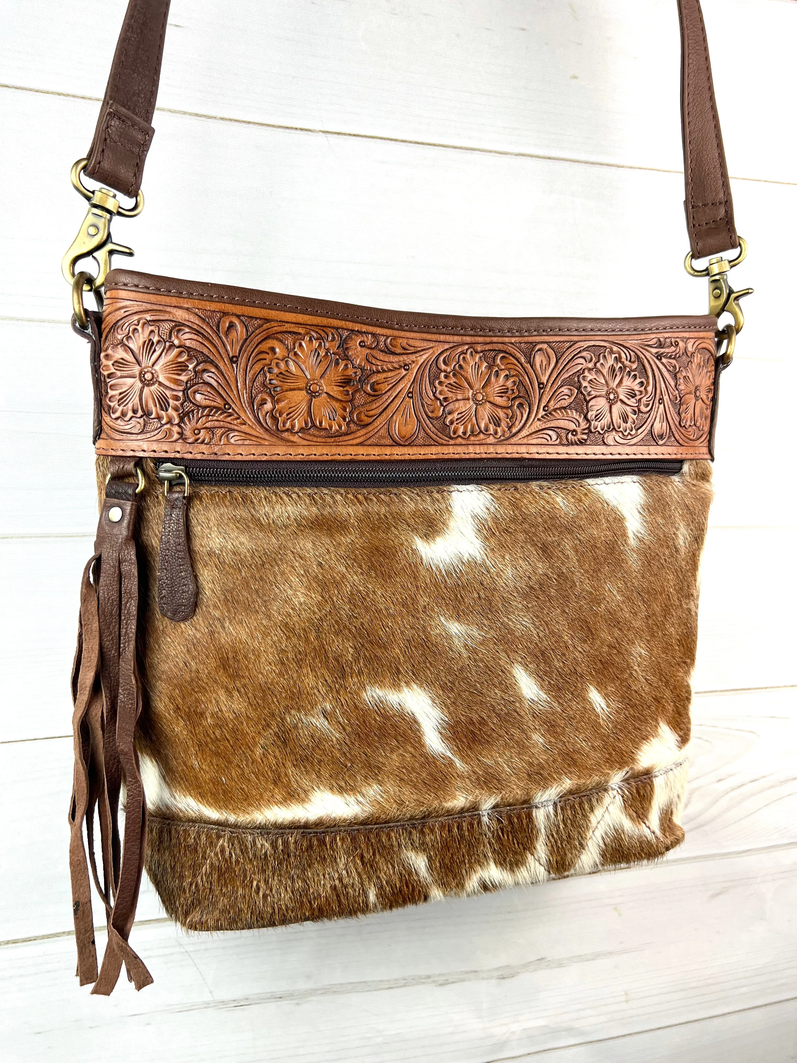Zipper Front Hide and Tooled Leather Purse