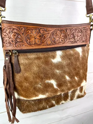 Zipper Front Hide and Tooled Leather Purse