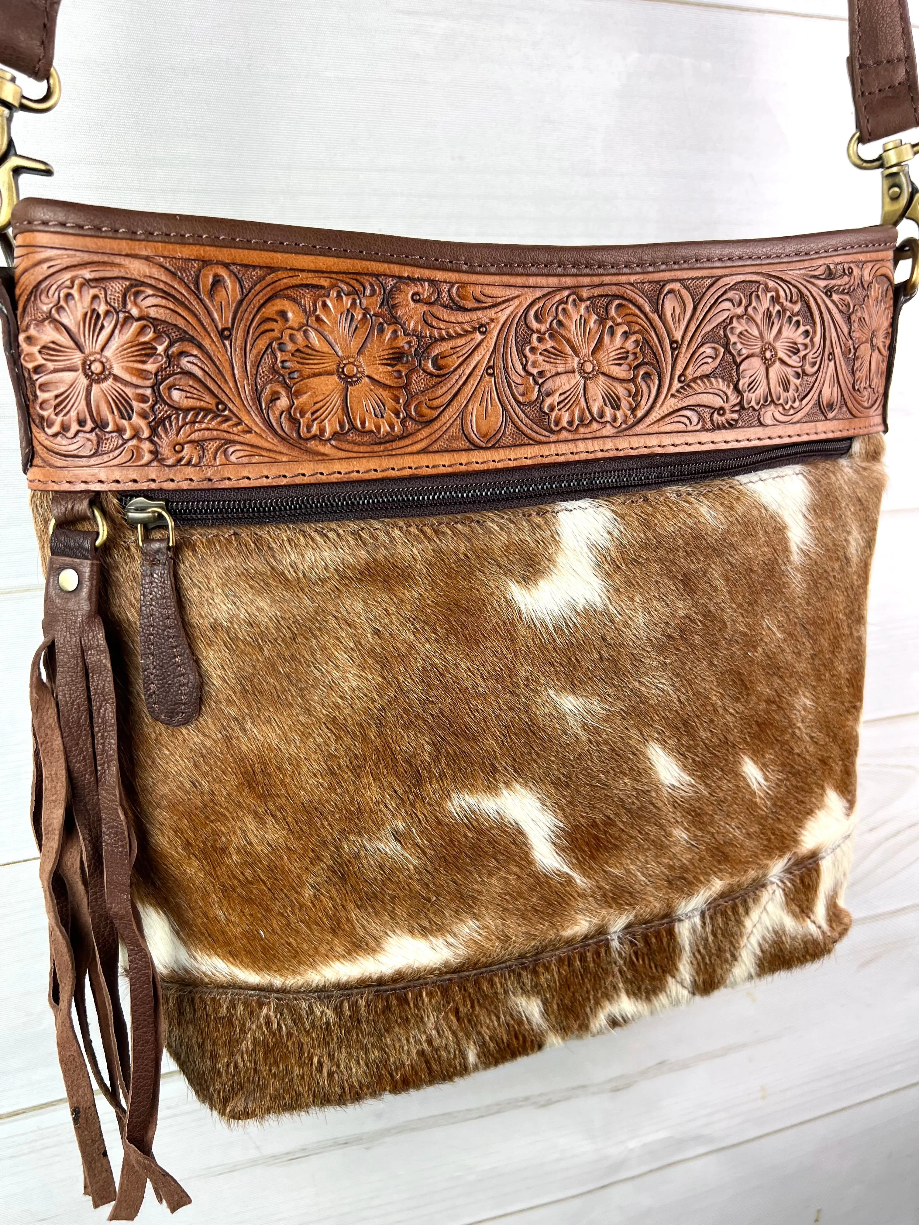 Zipper Front Hide and Tooled Leather Purse
